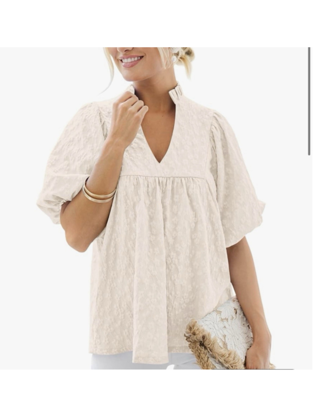 Boho Babydoll Top Cream Puff Sleeve Peplum Cottagecore Womens XL Peasant Beach